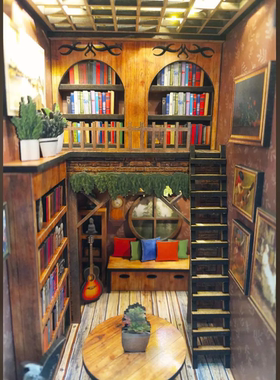 diy组装图书馆生日礼物可拼接房子模型木质工艺品摆件微观造景