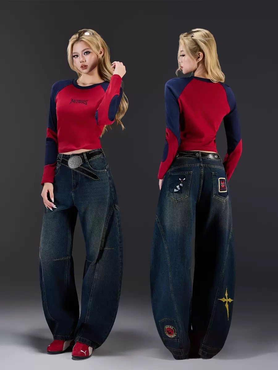 拓谷潮牌设计感刺绣弯刀裤牛仔裤秋冬新款宽松高腰阔腿长裤Q52369,淘宝优惠券,粉丝福利购,淘宝优惠卷