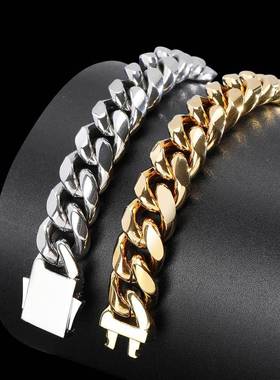 欧美嘻哈不锈钢古巴链男士手链锆石弹簧扣圆磨加密钛钢手链