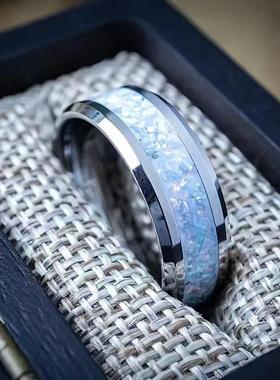 跨境爆款不锈钢结婚戒指适合送对象的礼物饰品蓝色蛋白石