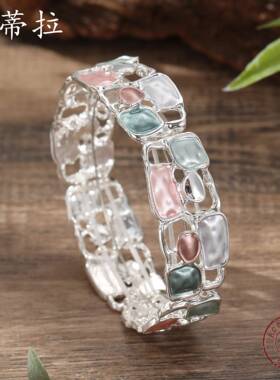 跨境热销珐琅彩几何镂空方形弹力手镯时尚个性男女百搭合金手链