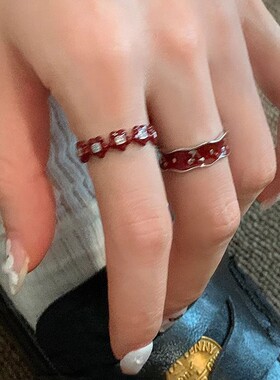 红色滴油花朵樱桃开口戒指女小众设计感轻奢优雅时尚百搭指环戒子