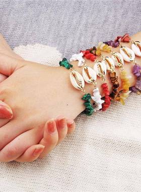 亚马逊跨境热卖天然石头碎石手链女复古沙滩风海螺龙虾扣手串饰品