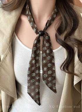 复古格纹腰果花朵抽拉丝巾项链女秋冬系脖长条领巾高级毛衣链配饰