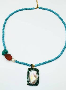 天然巴洛克珍珠吊坠绿松石项链时尚轻奢女款手工镶嵌水晶厂家