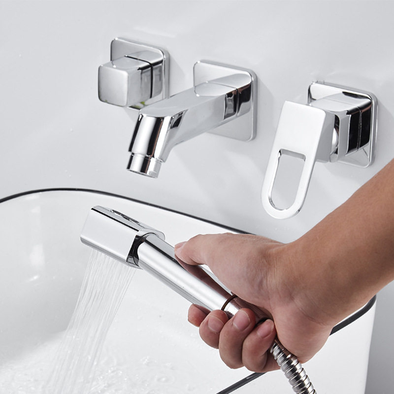 浴室柜水龙头四件套三件墙式洗脸盆冷热抽拉式洗手盆三孔分体龙头