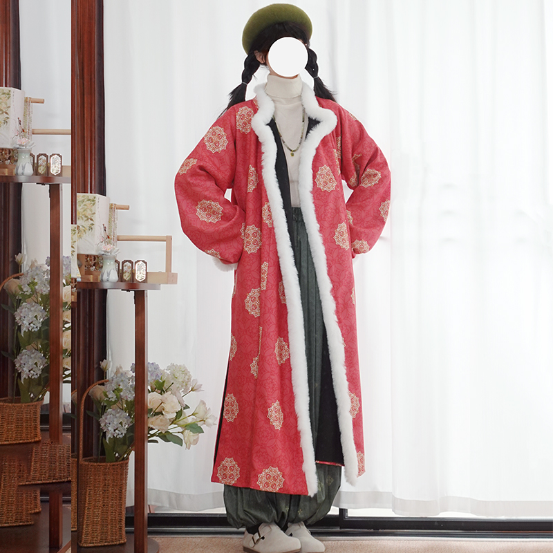 兰亭序【揽芳华】唐制汉服元素圆领袍毛呢大衣双色印花日常冬款 - 图0