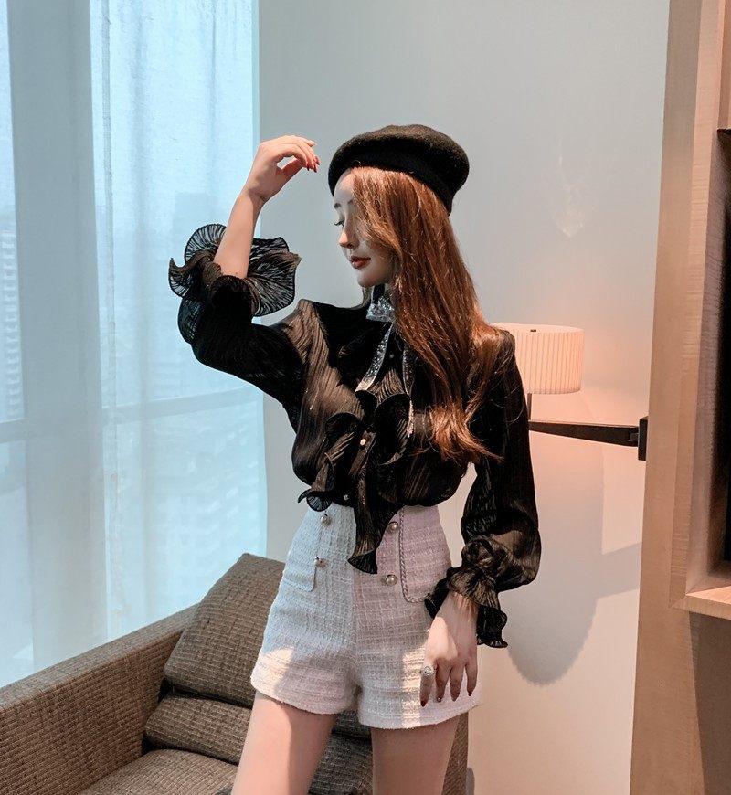 洋气法式小众闪闪bling亮片女衬衫 皆雍蕾丝衫/雪纺衫