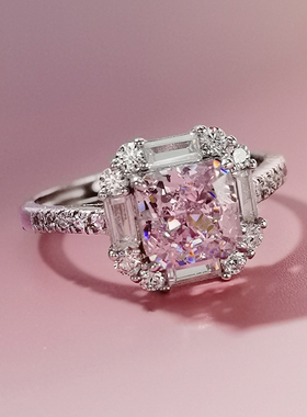 粉钻戒指女新品小清新原创设计925纯银镀18K白金活口戒指开口指环