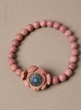 血柏木三面玫瑰花球手串马上有钱大爱心单圈情侣款男女手链饰品