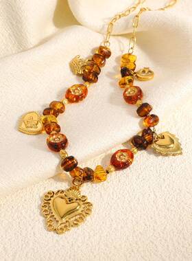 跨境不锈钢项链美拉德风不规则串珠拼接链爱心吊坠diy秋冬毛衣链