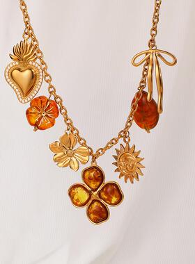 跨境不锈钢项链DIY手作美拉德风太阳花蝴蝶结琥珀色系秋冬毛衣链