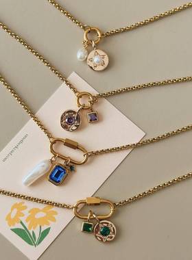 不锈钢欧美彩色12生辰石吊坠diy配件项链基础链活口圈麻花圈项链