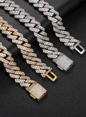 跨境欧美嘻哈项链15mm双排锆石菱形古巴链男士项链潮牌饰品