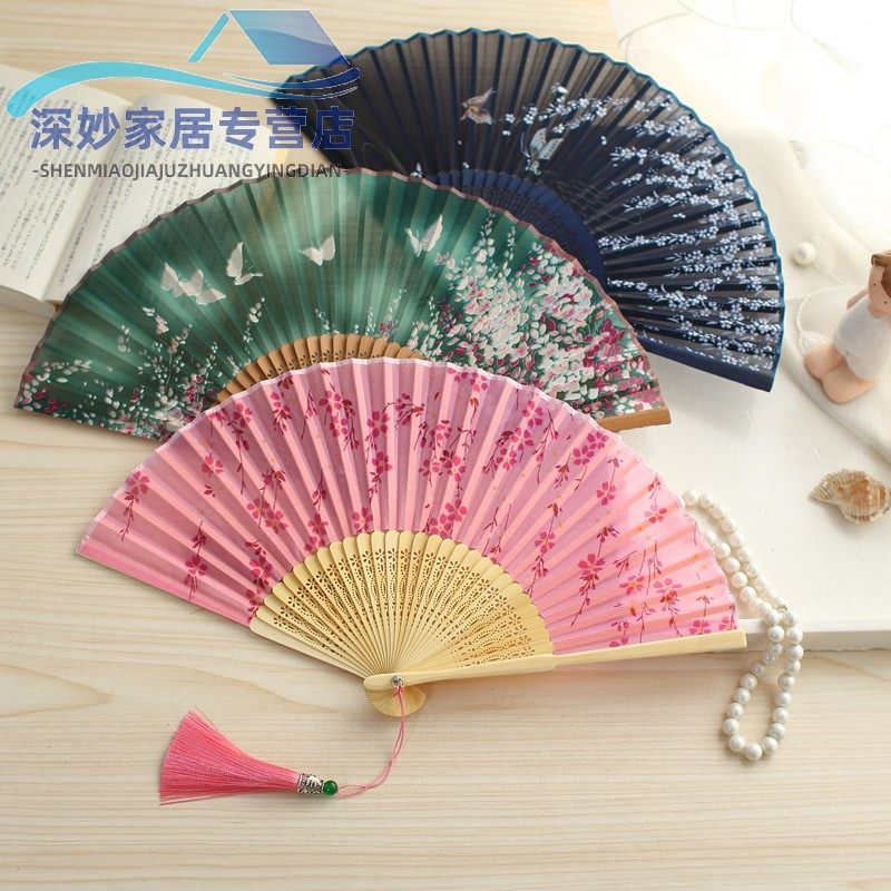 中国风扇子女折扇古风礼品日式扇和风樱花折叠扇绫绢舞蹈扇旗袍扇_虎窝淘