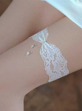 白色蕾丝吊坠腿环女甜美性感大腿圈新娘造型腿带饰品配件新款袜圈