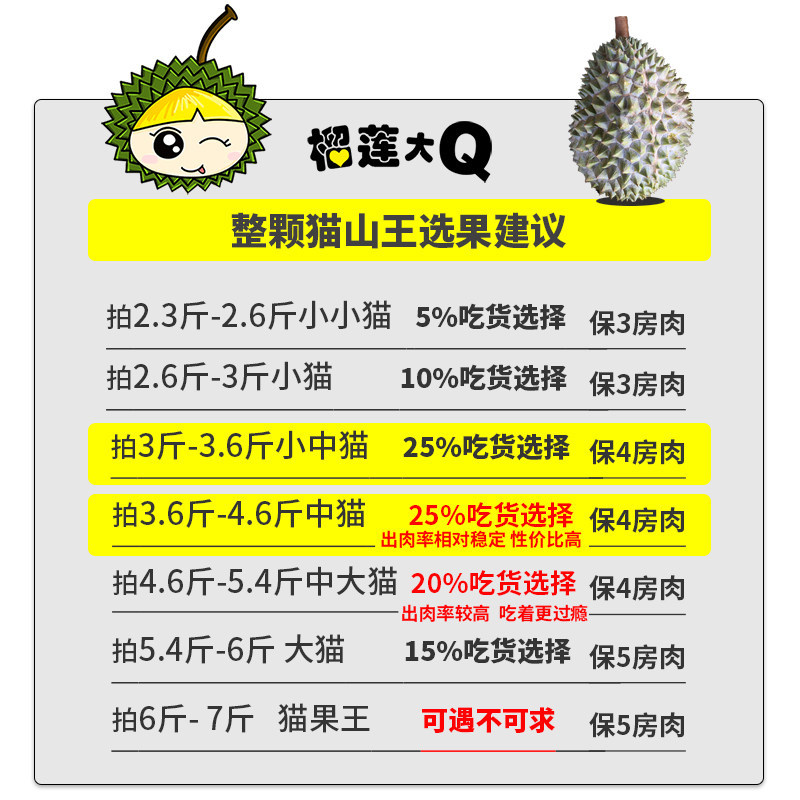 榴莲大q严选带壳猫山王榴莲冷冻 奇愿榴莲