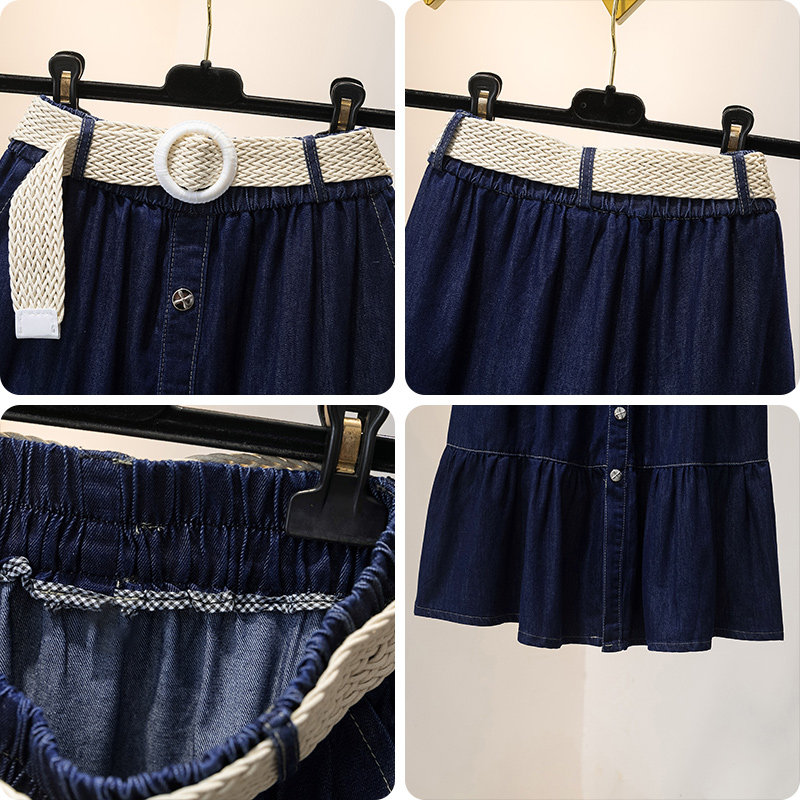 2026春季新款简约单排扣拼接牛仔A字裙加大码高腰遮肉显瘦半身裙,淘宝优惠券,粉丝福利购,淘宝优惠卷