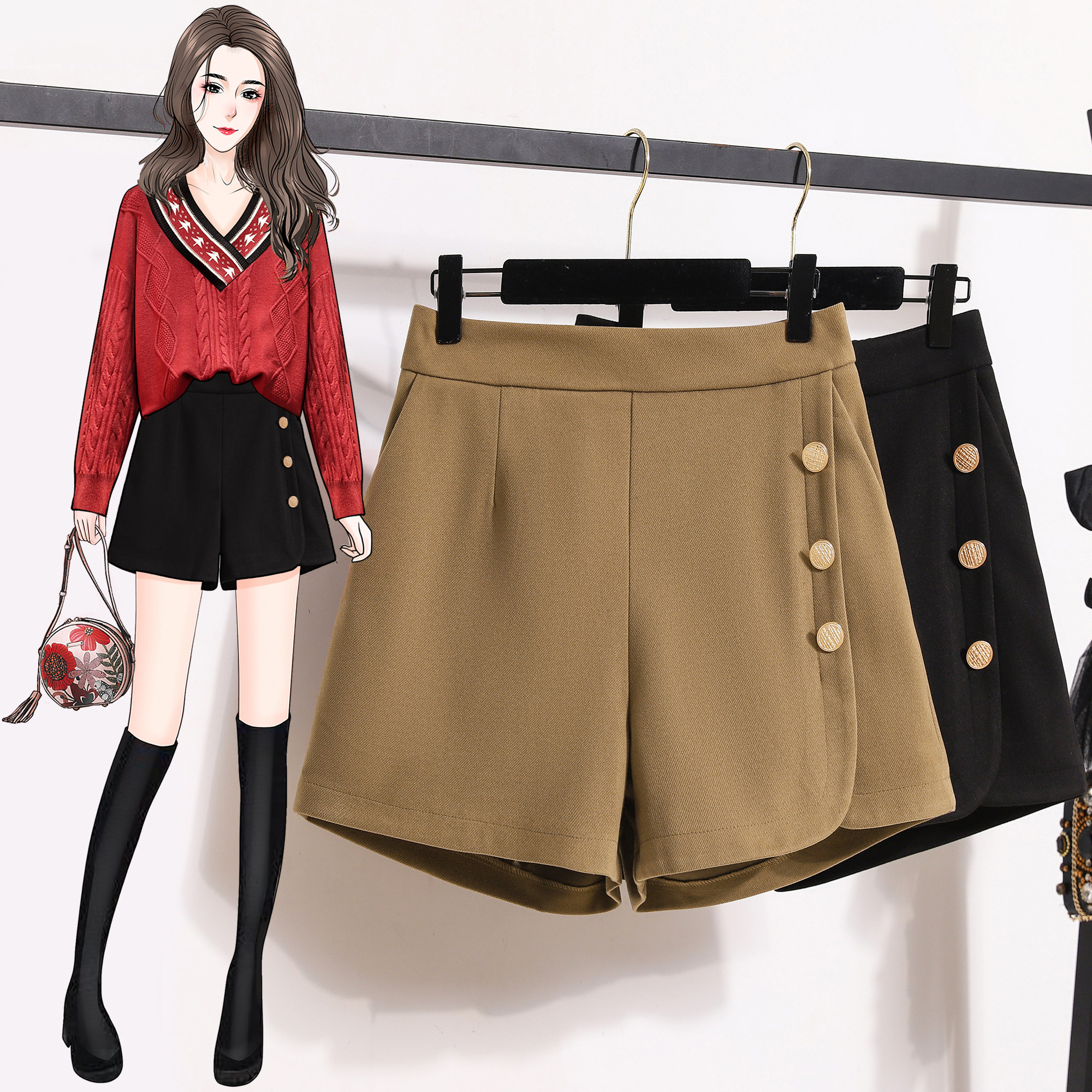 2025秋季新款设计感排扣毛呢阔腿短裤加大码时尚洋气减龄百搭靴裤,淘宝优惠券,粉丝福利购,淘宝优惠卷