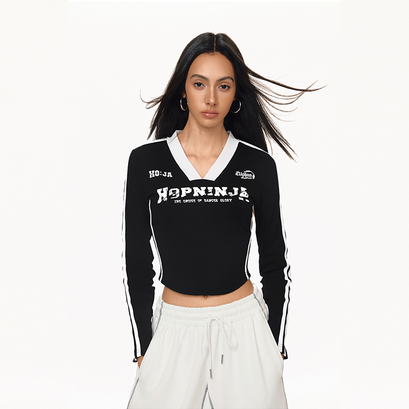 HIPHOP NINJA 美式复古球衣爵士舞撞色V领长袖T恤女秋冬修身上衣 - 图0