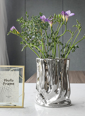 视远电镀银花瓶景德镇陶瓷花瓶轻奢创意家居装饰干花水培摆件