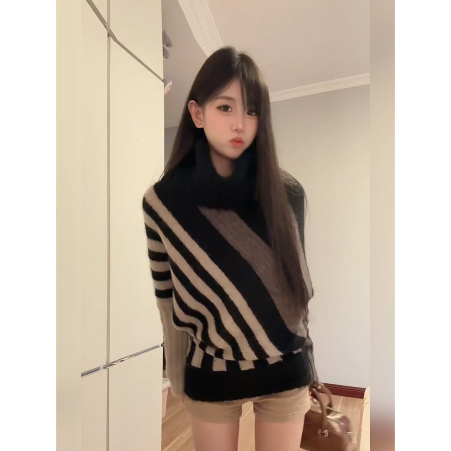 XZY 微胖古早辣妹撞色条纹针织毛衣女25年秋宽松显瘦多种穿法上衣,淘宝优惠券,粉丝福利购,淘宝优惠卷