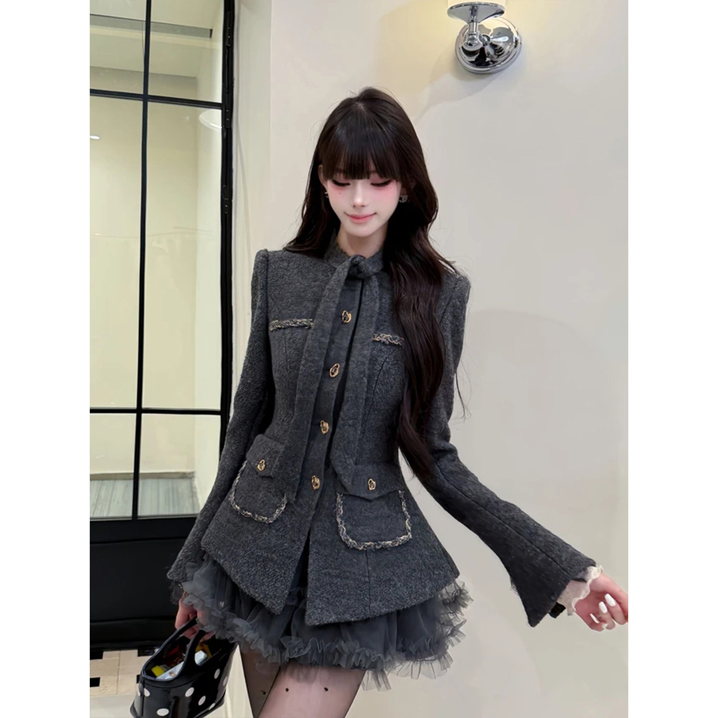 XZY 微胖法式千金小香风毛呢西装外套女25年冬季网纱蓬蓬半裙套装,淘宝优惠券,粉丝福利购,淘宝优惠卷