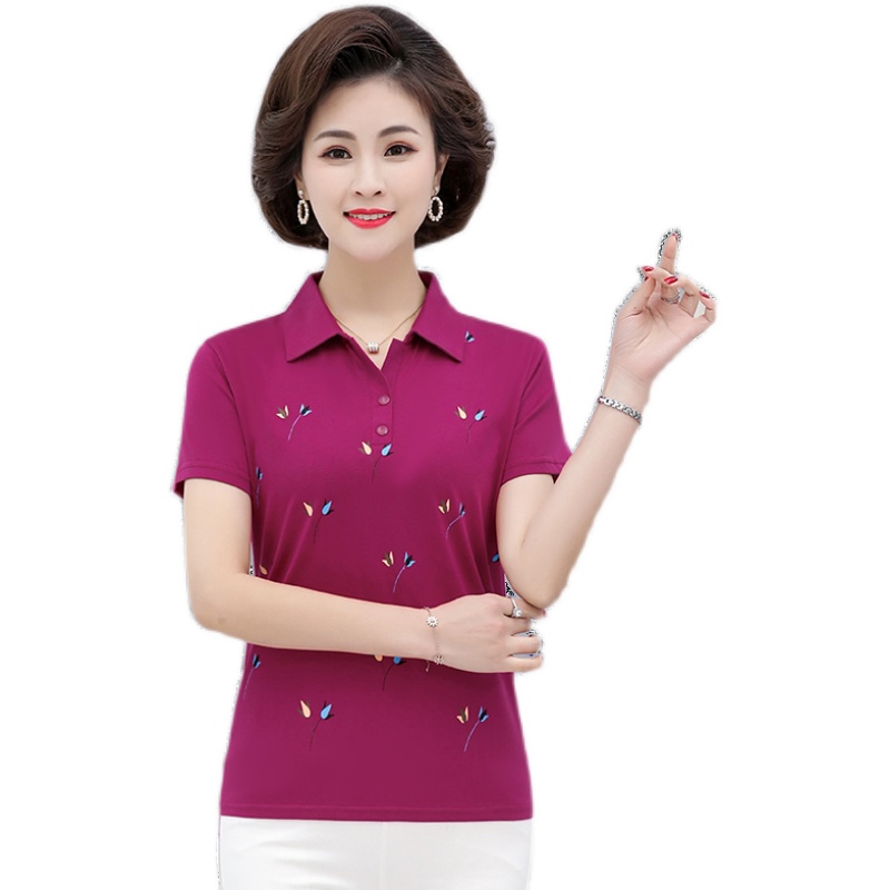2023新款翻领棉上衣短袖t恤女夏中年妈妈纯棉有领印花休闲polo衫 - 图3