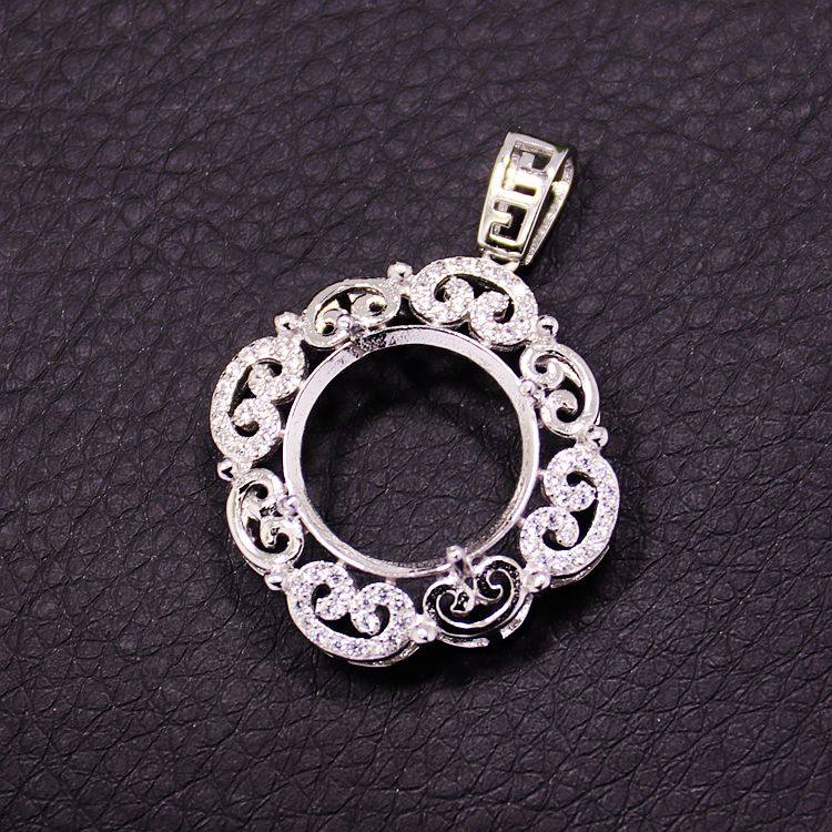 s925空托女款圆形蛋面可装纯银吊坠 祈禧珠宝项坠/吊坠