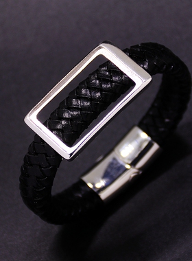 纯银手镯空托方形皮绳DIY松石