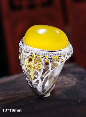 S925银戒指空托降魔金刚杵男款镀金定制DIY活口松石蜜蜡镶嵌13*18