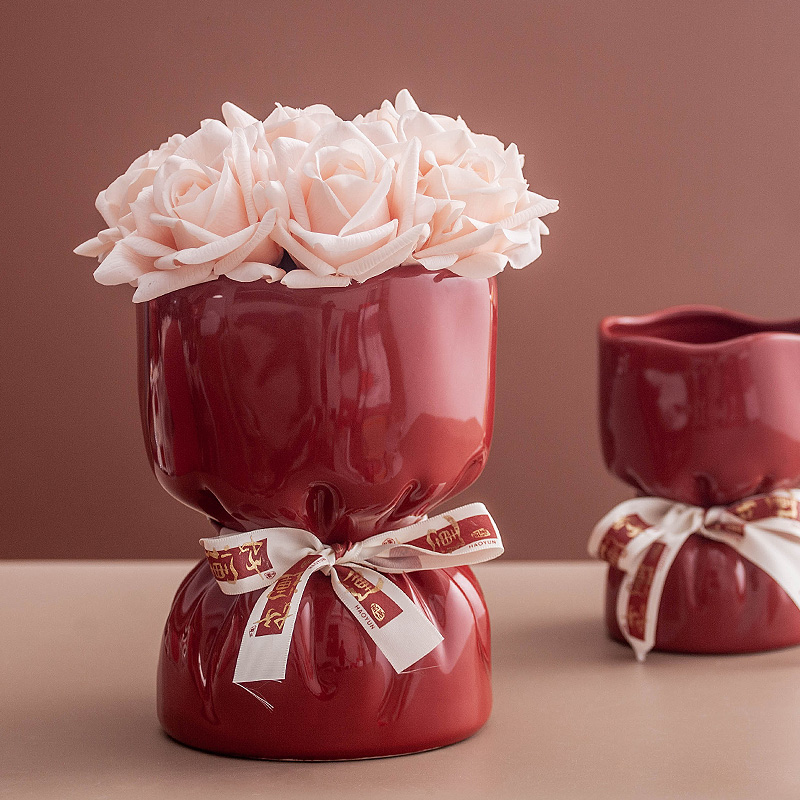 创意红色陶瓷花瓶水培植物干花鲜花插花花瓶客厅桌面玄关装饰摆件 - 图1