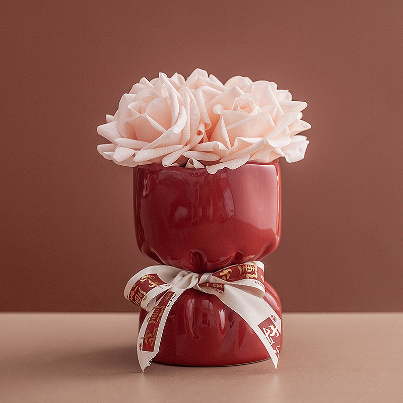 创意红色陶瓷花瓶水培植物干花鲜花插花花瓶客厅桌面玄关装饰摆件 - 图3