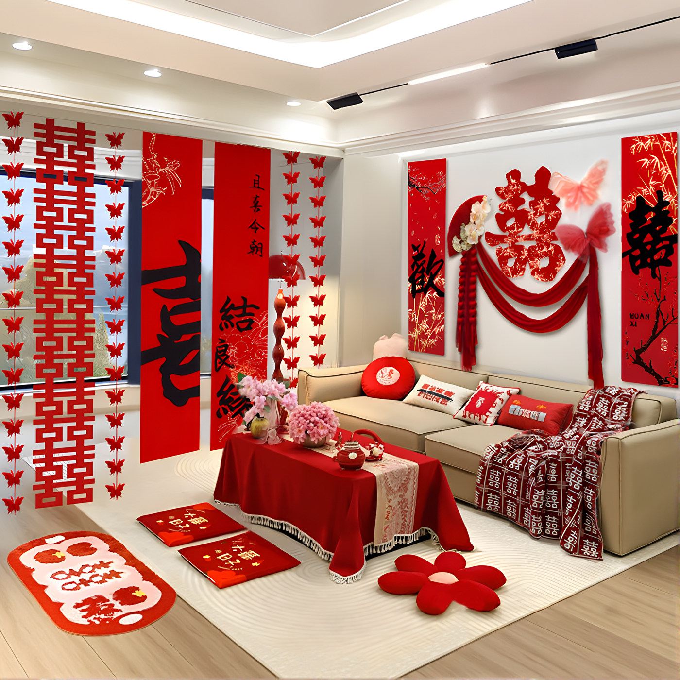 结婚客厅沙发喜字KT板背景墙装饰婚礼女方婚房氛围感拉花布置套装,淘宝优惠券,粉丝福利购,淘宝优惠卷