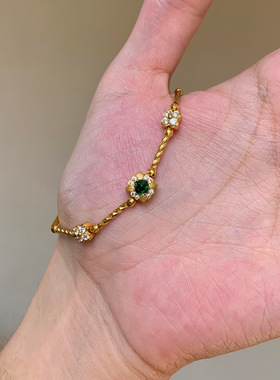 S925纯银草绿糖塔四叶花手链女中古风复古轻奢老钱小红书爆款手环