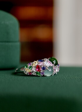 天然A货翡翠戒指S925纯银彩锆蓝水危料翡翠耳包简约设计批发工厂