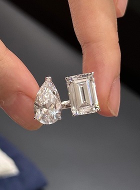 S925纯银双生石梨形水滴大方糖钻戒开口戒指小众设计轻奢欧美指环