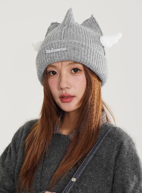 小众翅膀猫耳朵帽子女可爱毛线帽冷帽大头冬季加厚防寒y2k针织帽