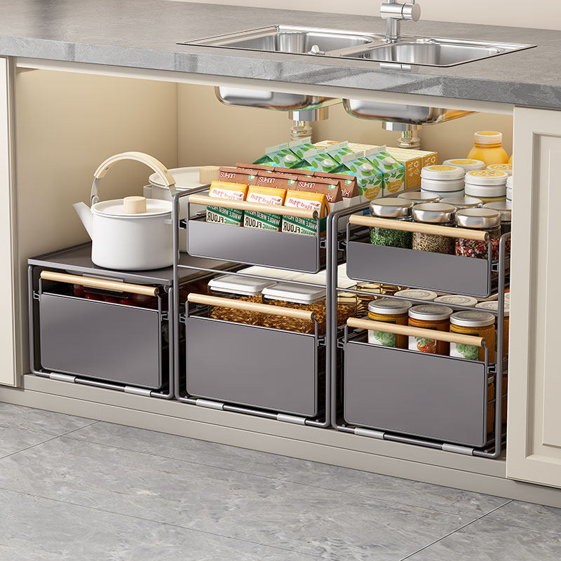 厨房下水槽抽拉式置物架调料碗碟橱柜内置架子分层架柜内收纳拉篮,淘宝优惠券,粉丝福利购,淘宝优惠卷