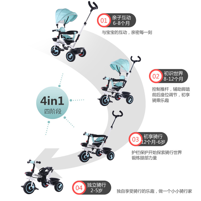 手推车带遮阳棚儿童三轮自行车轻便脚踏车儿童手推三轮车多功能