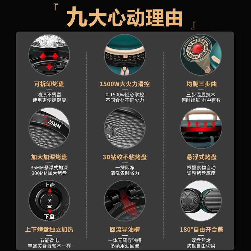 苏泊尔生活电器旗舰店苏泊尔电饼铛家用加深加大烤盘双面加热煎饼锅电饼档绿色可拆洗3