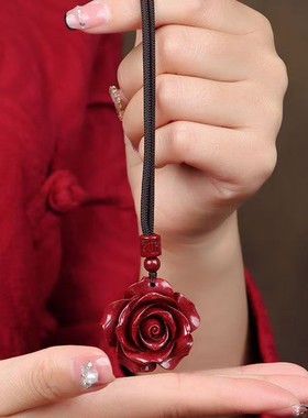 2026天然原矿朱砂玫瑰花吊坠高含量紫金帝王红砂本命年项链