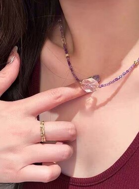 2026天然紫水晶大颗果冻粉晶项链女复古小众轻奢气质锁骨链紫晶小
