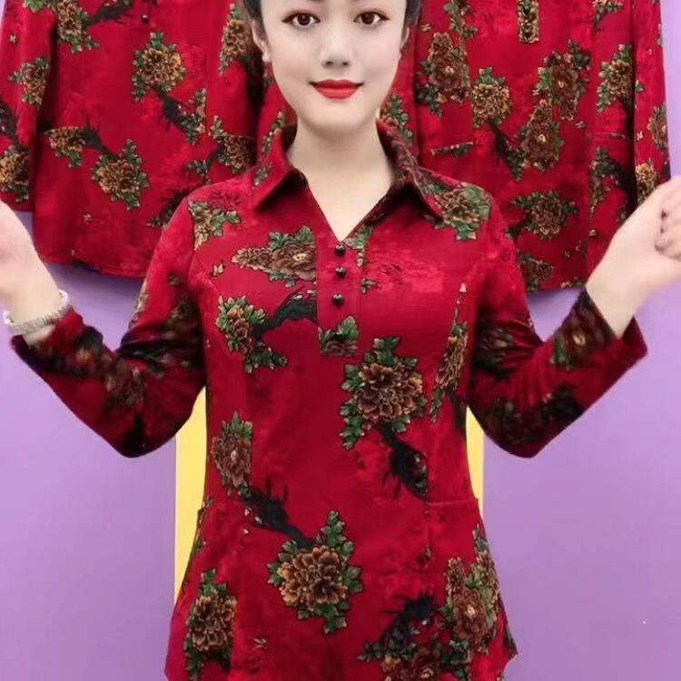 秋冬季新款妈妈加绒花衫宽松打底衫 伊飘芙T恤