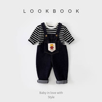 Baby Denim Back Belt Pants Spring Autumn Soft Primary Color Classic Girl Hanger Pants Casual Handsome Gas Male Baby Pants Fashion