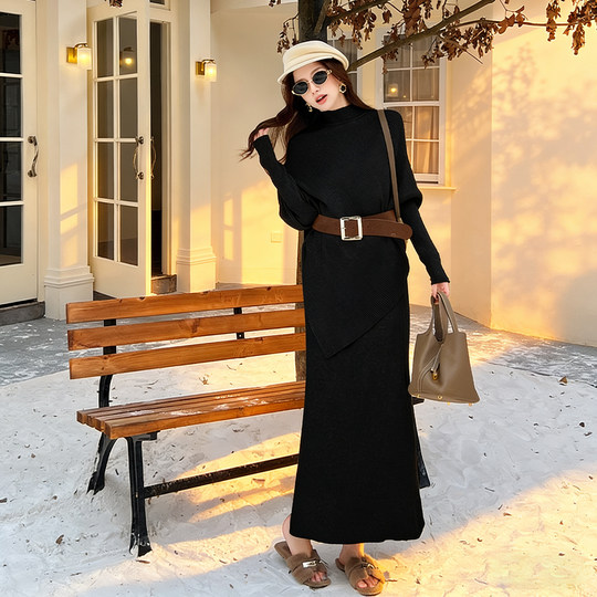 不规则蝙蝠袖高腰修身长袖针织裙冬季法式绝美温柔风加厚连衣裙女