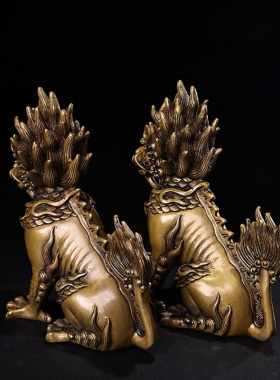 古董文玩纯铜黄铜泥金獬豸避水兽客厅摆件瑞兽火麒麟复古老物件