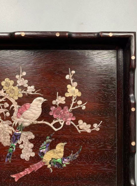 古董文玩小叶紫檀木镶嵌贝壳正方形茶盘螺钿托盘茶台果盘子