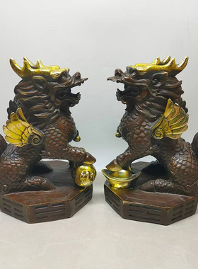 古董文玩纯铜鎏金紫铜八卦麒麟一对摆件招财复古老物件