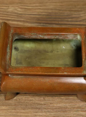 古董文玩纯铜紫铜马槽炉家用桌面烧香四方鼎炉摆件大号真品